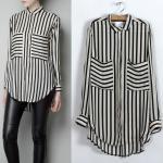 Black White Vertical Stripe Long Sleeve Shirt Chiffon Blouse