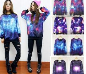 Chic Women's Galaxy Space Starry Printing long Sleeve Top Round T Shirt Jumper