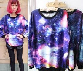 Chic Women's Girls Galaxy Space Starry Printing long Sleeve Top Stylish T Shirt Jumper