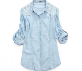 Light Blue Denim Lace Shirt long-sleeved Shirts