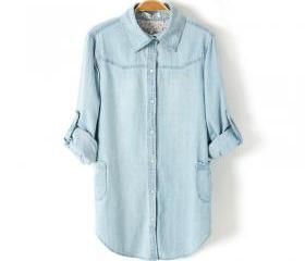 Light Blue Denim Shirt lapel long-sleeved blouse