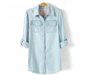 Light Blue Denim Shirt lapel Pockets blouse